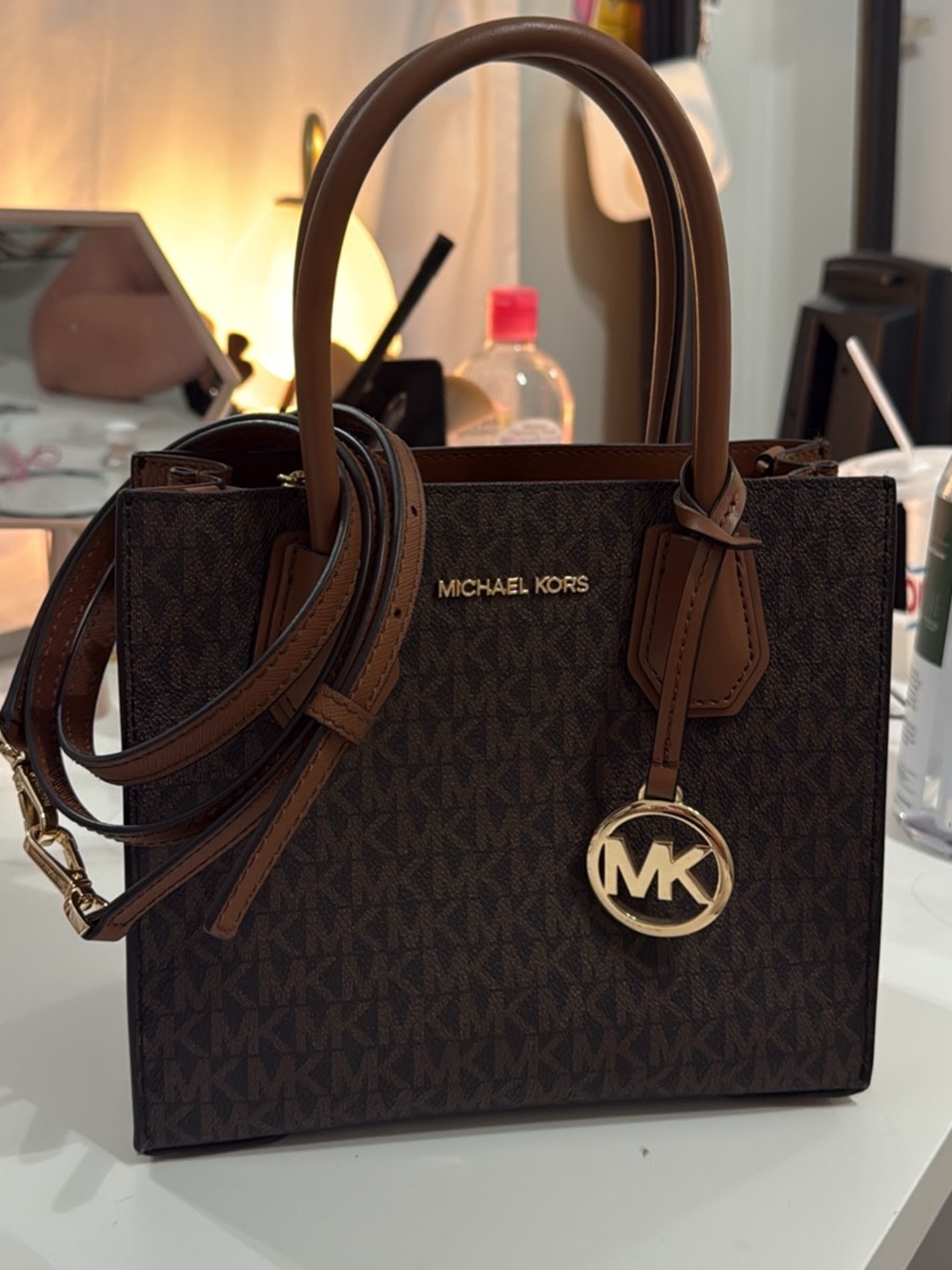 Michael Kors Brown MK Logo Satchel with Gold Accent